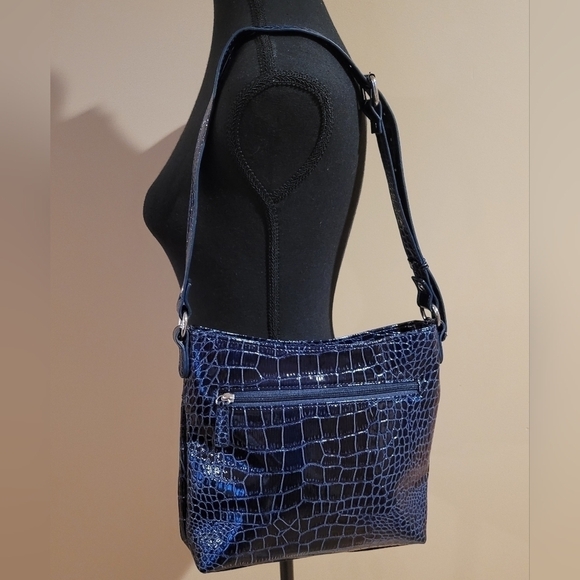 JESSICA Faux Patent Leather Bag, Dark Blue Croc Pattern, Adjustable Strap - Picture 3 of 16